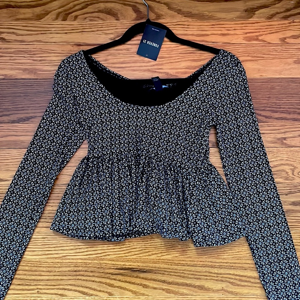 black , white, long sleeve top, ruffle